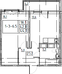 1-комнатная 46 м<sup>2</sup> на 3 этаже