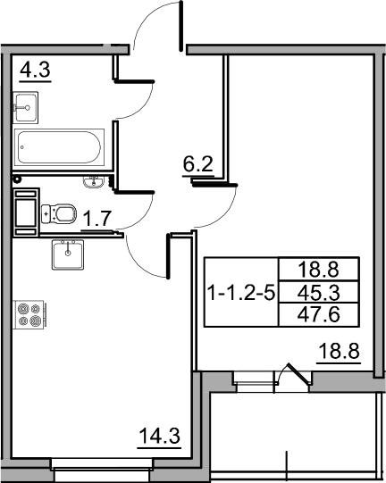1-комнатная 49 м<sup>2</sup> на 9 этаже