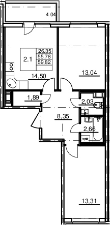 2-комнатная 55 м<sup>2</sup> на 13 этаже