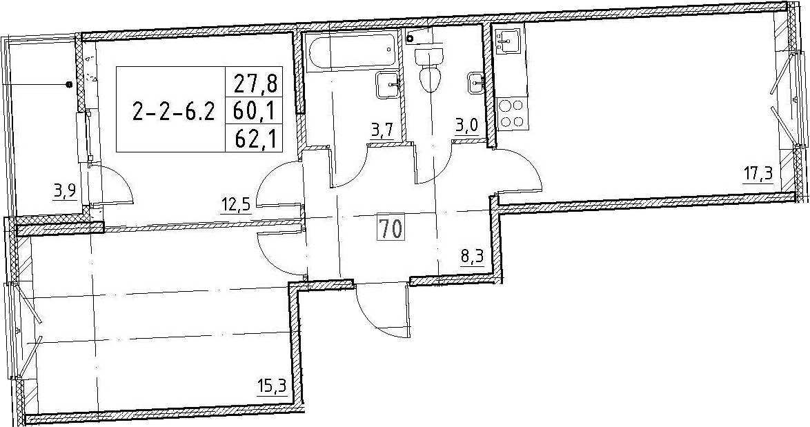 3-комнатная 64 м<sup>2</sup> на 2 этаже