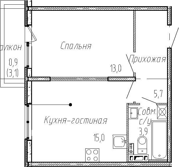2-комнатная 40 м<sup>2</sup> на 3 этаже