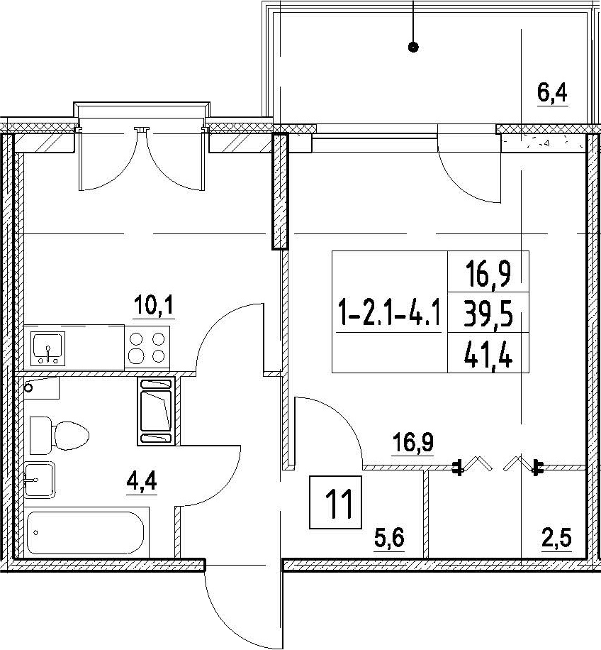1-комнатная 45 м<sup>2</sup> на 4 этаже
