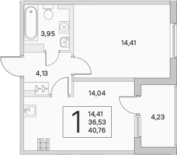 1-комнатная 36 м<sup>2</sup> на 3 этаже