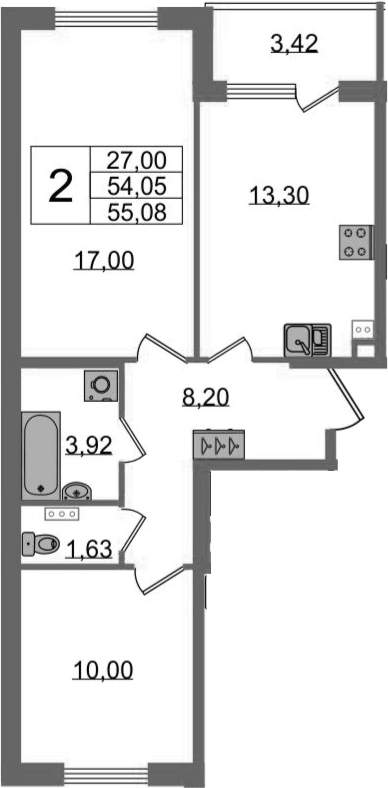 2-комнатная 57 м<sup>2</sup> на 1 этаже