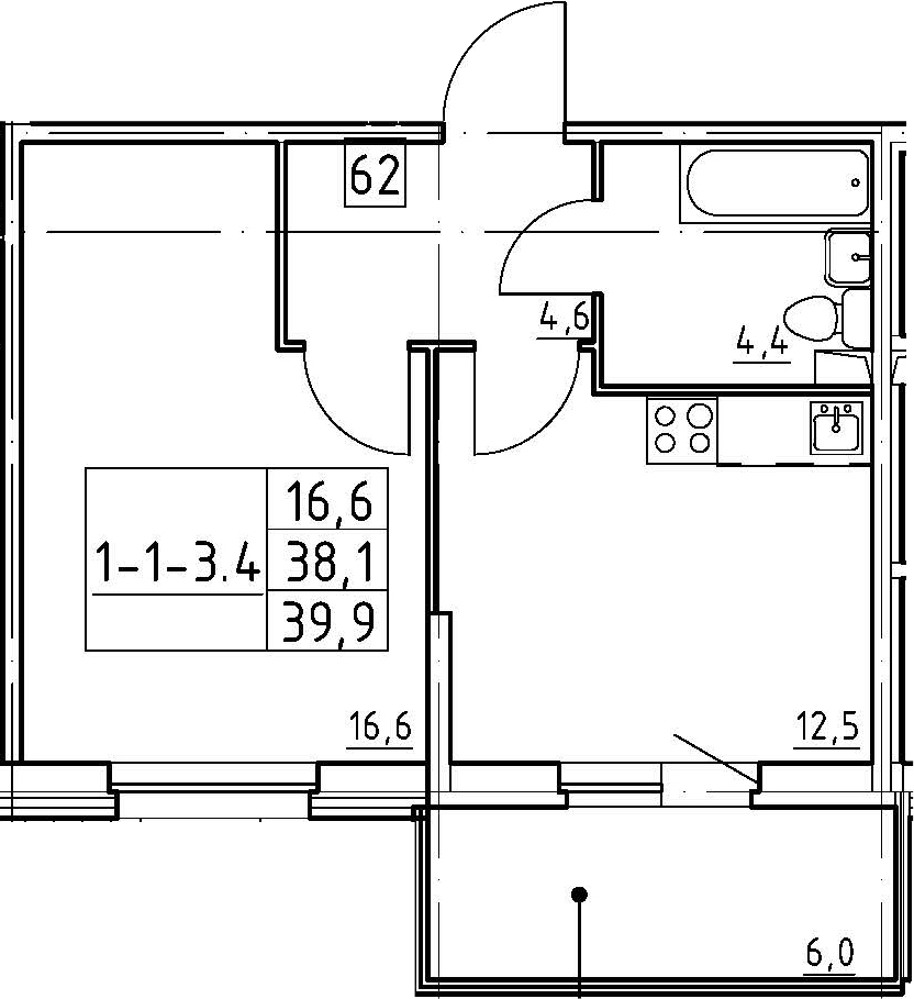 1-комнатная 44 м<sup>2</sup> на 1 этаже