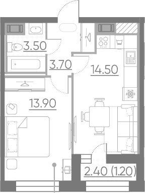 1-комнатная 35 м<sup>2</sup> на 10 этаже