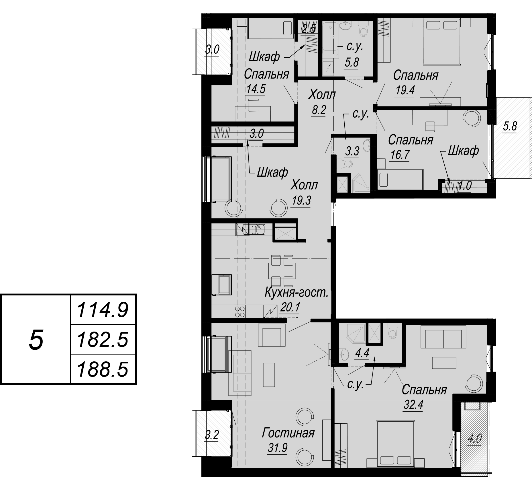 4-комнатная 182 м<sup>2</sup> на 8 этаже