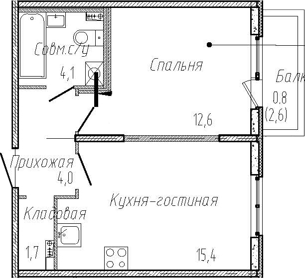 2-комнатная 40 м<sup>2</sup> на 1 этаже