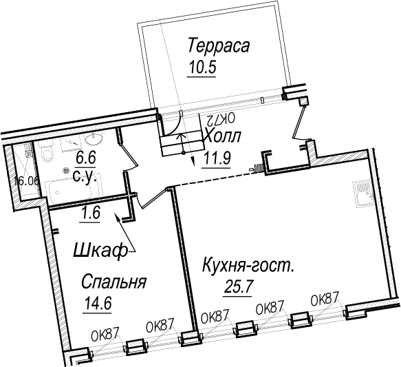 2-комнатная 60 м<sup>2</sup> на 6 этаже