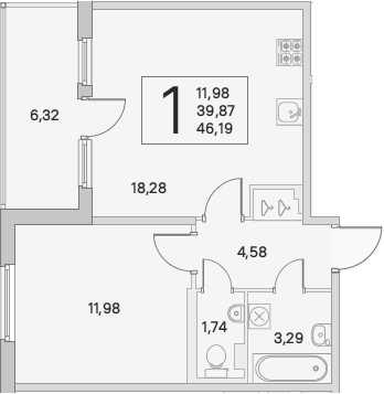 2-комнатная 46 м<sup>2</sup> на 1 этаже