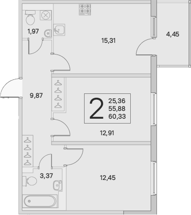 3-комнатная 55 м<sup>2</sup> на 3 этаже