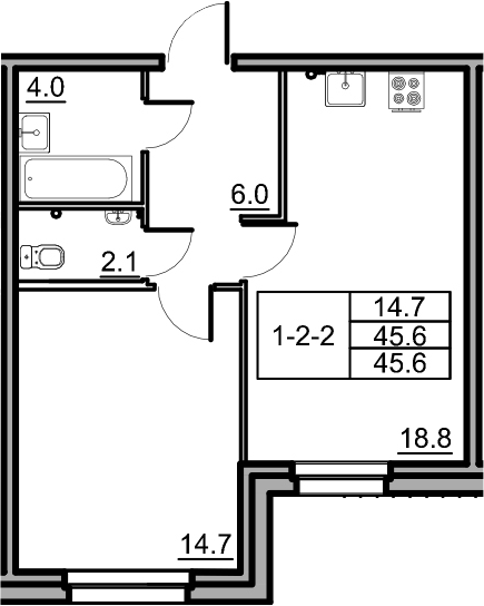 2-комнатная 45 м<sup>2</sup> на 1 этаже