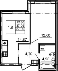 2-комнатная 37 м<sup>2</sup> на 2 этаже