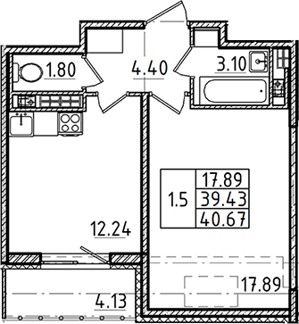 1-комнатная 43 м<sup>2</sup> на 5 этаже