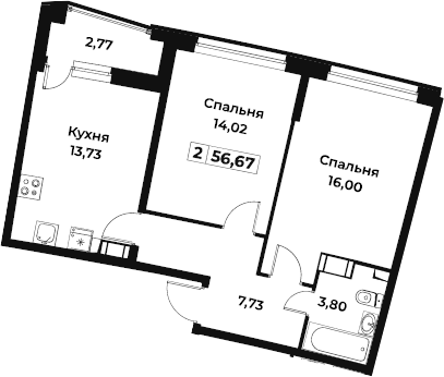 2-комнатная 55 м<sup>2</sup> на 3 этаже