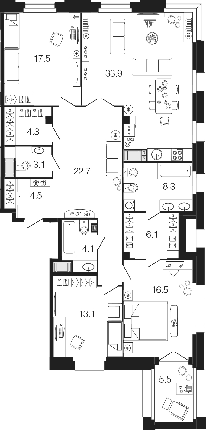 4-комнатная 134 м<sup>2</sup> на 3 этаже