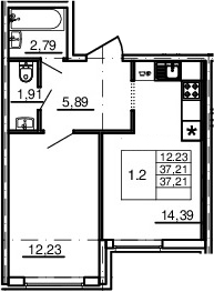 1-комнатная 37 м<sup>2</sup> на 1 этаже