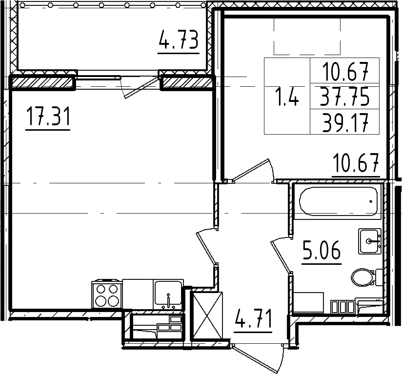 2-комнатная 42 м<sup>2</sup> на 5 этаже