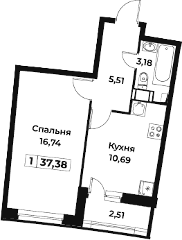 1-комнатная 36 м<sup>2</sup> на 4 этаже