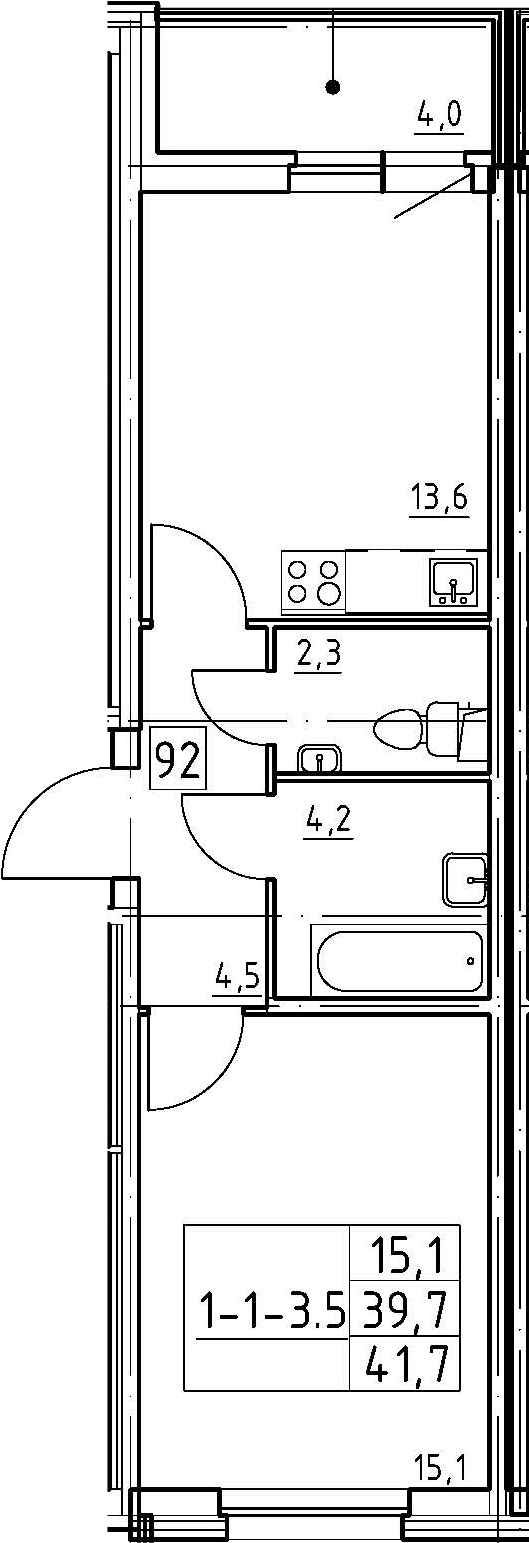 1-комнатная 43 м<sup>2</sup> на 1 этаже