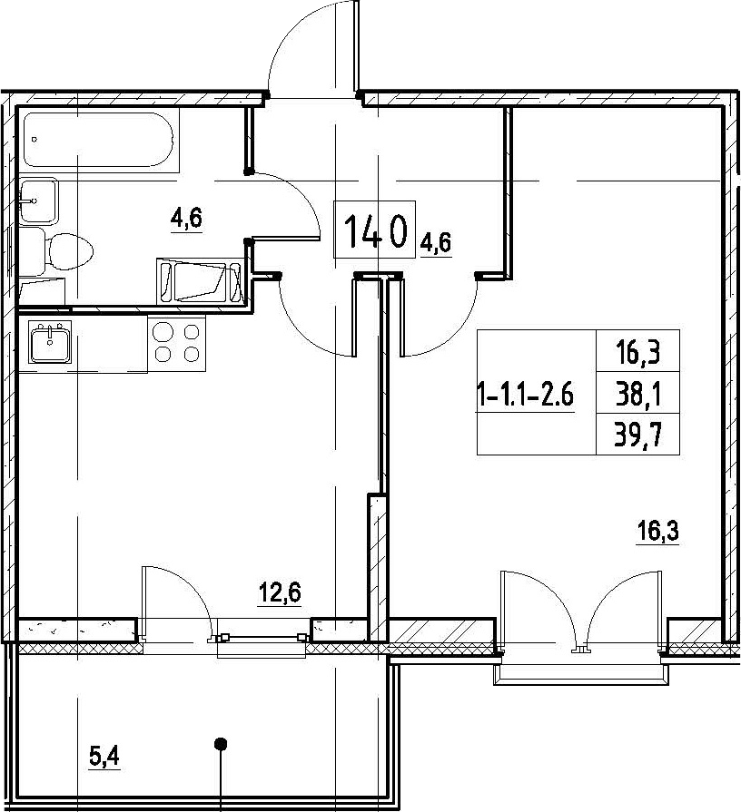 1-комнатная 43 м<sup>2</sup> на 4 этаже