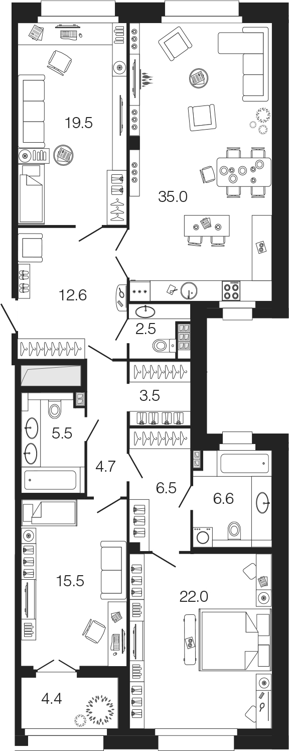 4-комнатная 133 м<sup>2</sup> на 4 этаже