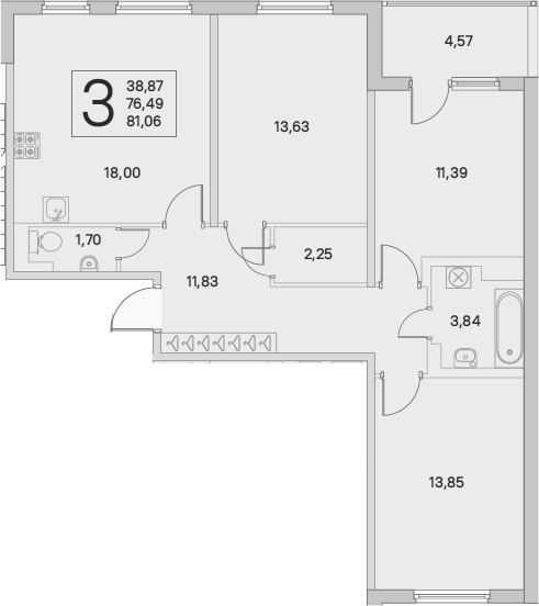 4-комнатная 81 м<sup>2</sup> на 4 этаже