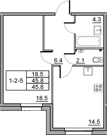1-комнатная 45 м<sup>2</sup> на 1 этаже