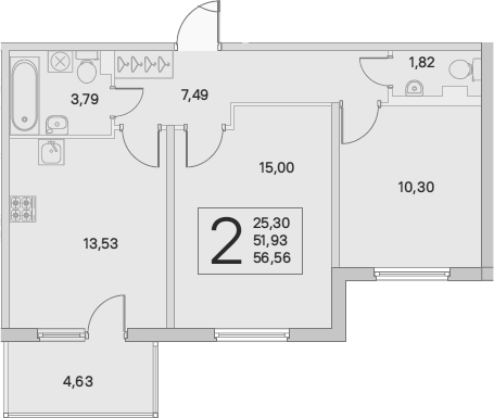 2-комнатная 51 м<sup>2</sup> на 1 этаже