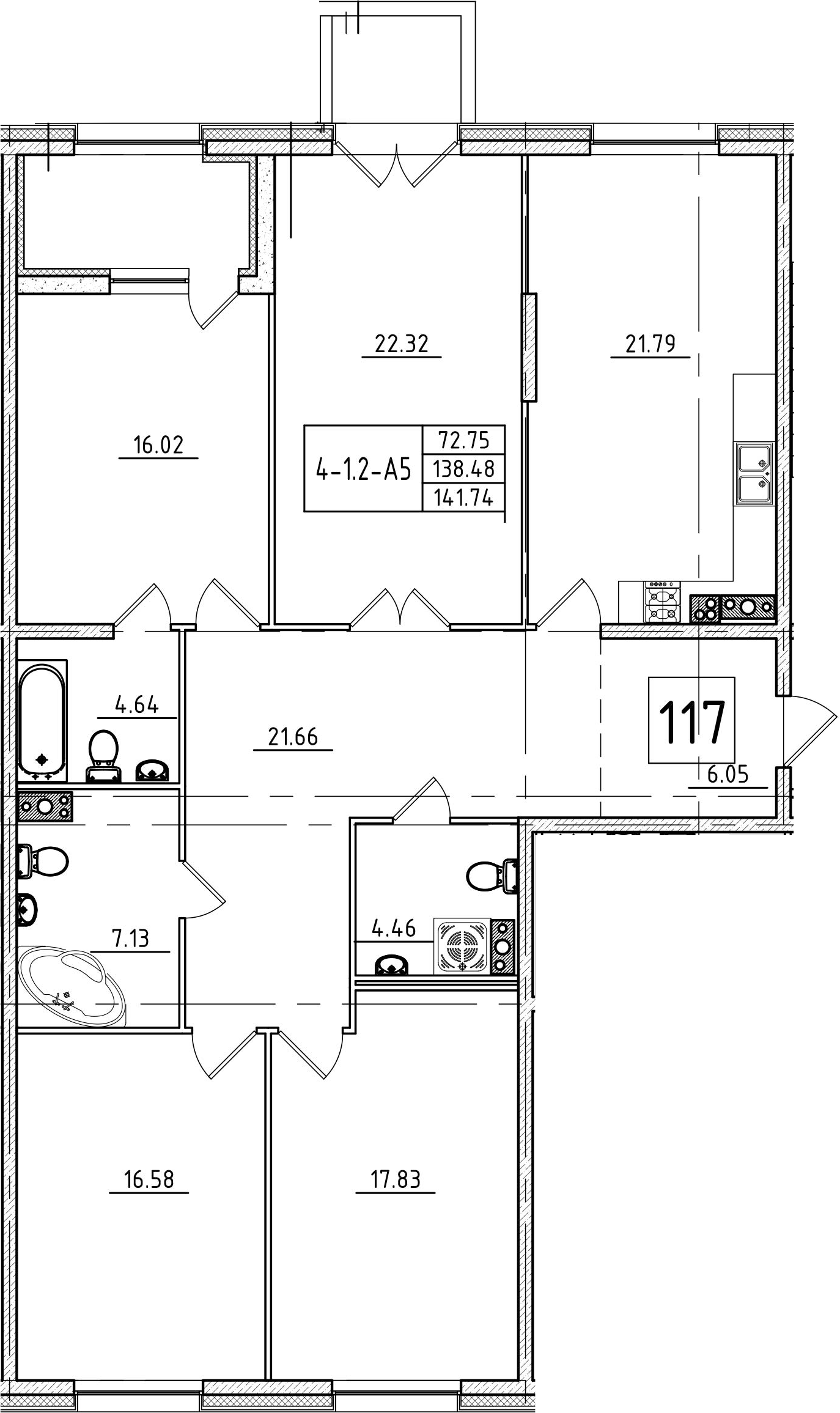 4-комнатная 140 м<sup>2</sup> на 4 этаже