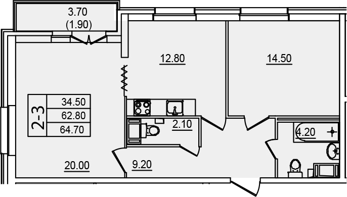 2-комнатная 62 м<sup>2</sup> на 2 этаже