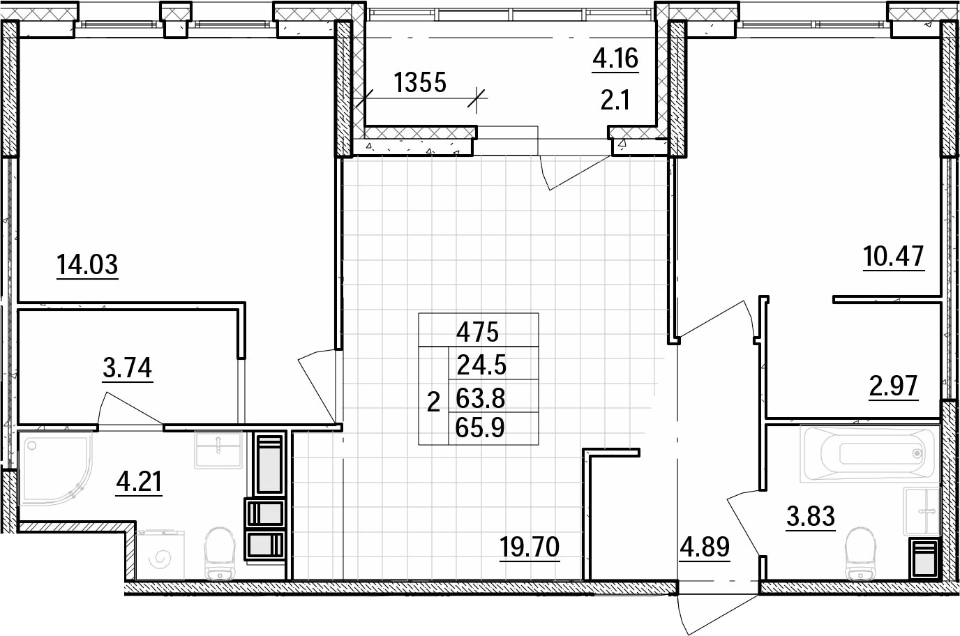 3-комнатная 63 м<sup>2</sup> на 8 этаже