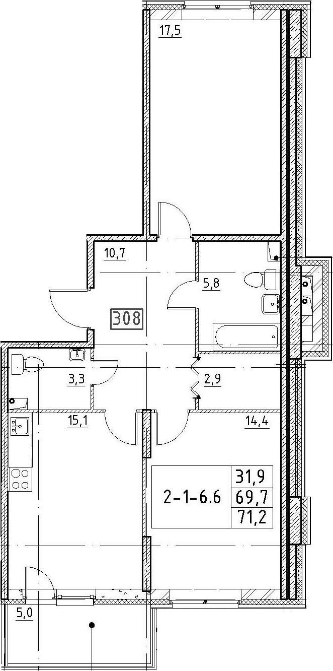 3-комнатная 74 м<sup>2</sup> на 1 этаже