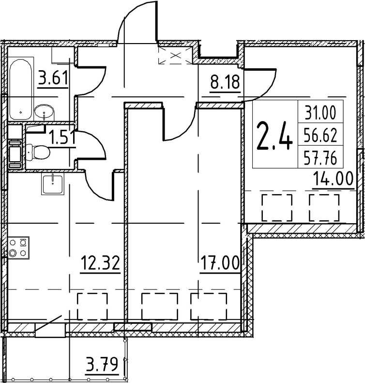 2-комнатная 60 м<sup>2</sup> на 5 этаже