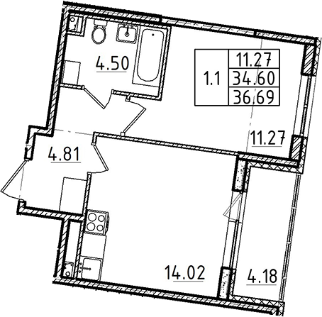 2-комнатная 38 м<sup>2</sup> на 1 этаже