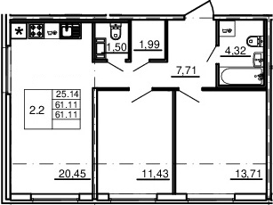3-комнатная 61 м<sup>2</sup> на 2 этаже