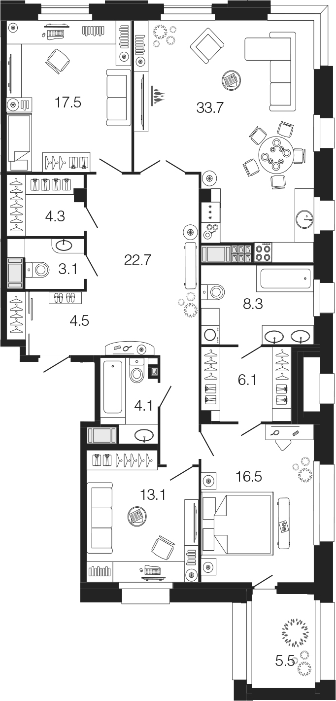 4-комнатная 133 м<sup>2</sup> на 7 этаже