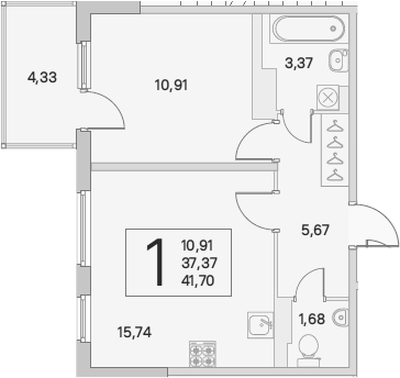 2-комнатная 41 м<sup>2</sup> на 2 этаже