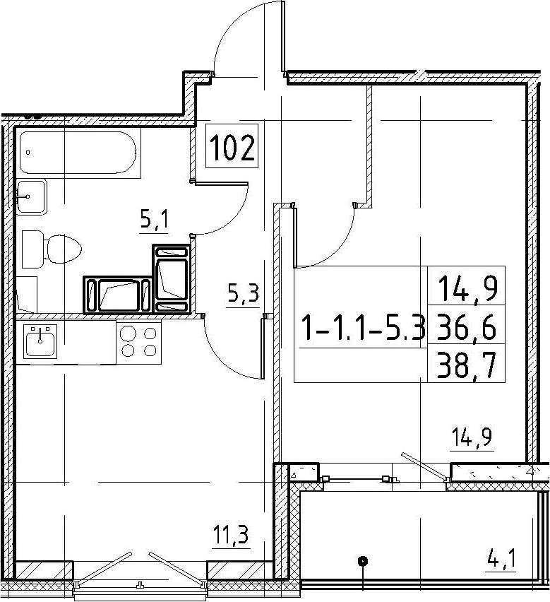 1-комнатная 40 м<sup>2</sup> на 5 этаже