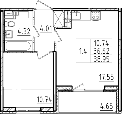 2-комнатная 41 м<sup>2</sup> на 4 этаже