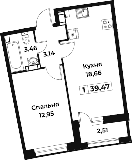 2-комнатная 38 м<sup>2</sup> на 16 этаже
