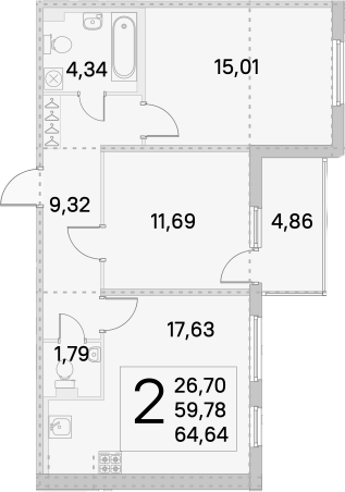 3-комнатная 64 м<sup>2</sup> на 1 этаже