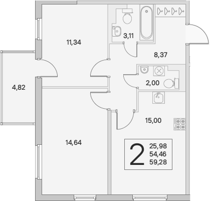 3-комнатная 54 м<sup>2</sup> на 3 этаже