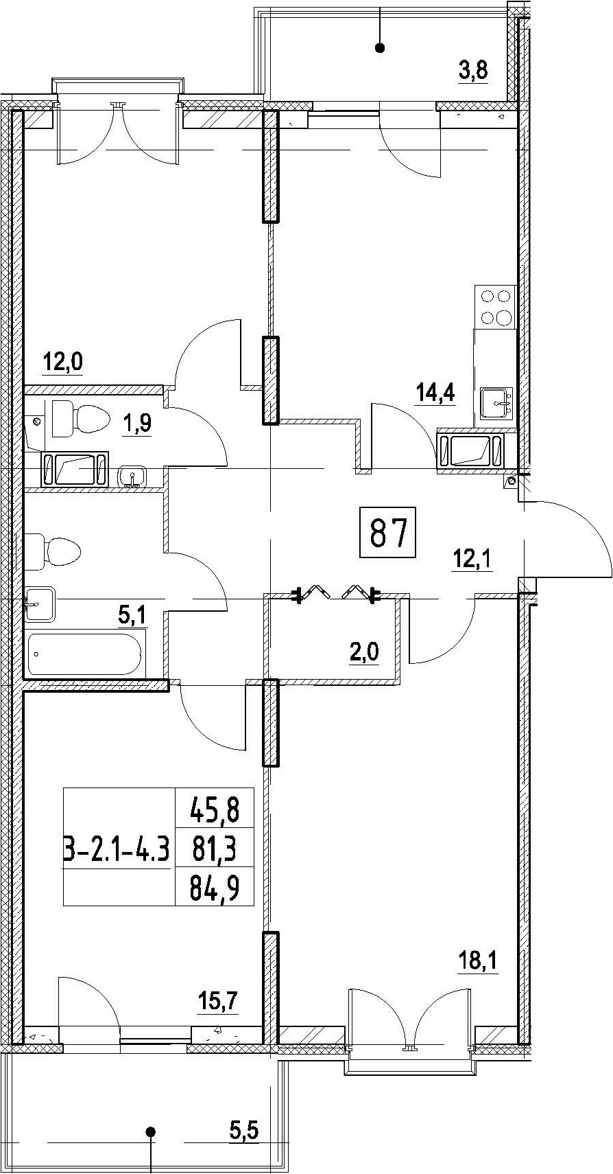 3-комнатная 91 м<sup>2</sup> на 3 этаже