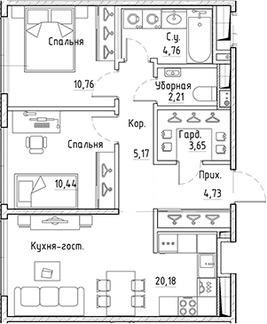 3-комнатная 61 м<sup>2</sup> на 6 этаже