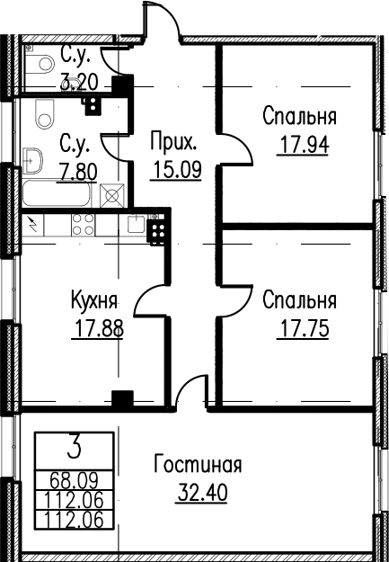 4-комнатная 112 м<sup>2</sup> на 4 этаже