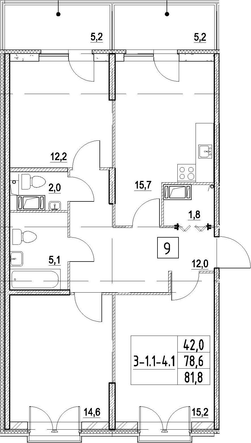4-комнатная 89 м<sup>2</sup> на 5 этаже