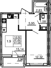 2-комнатная 37 м<sup>2</sup> на 14 этаже