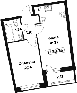 2-комнатная 38 м<sup>2</sup> на 2 этаже