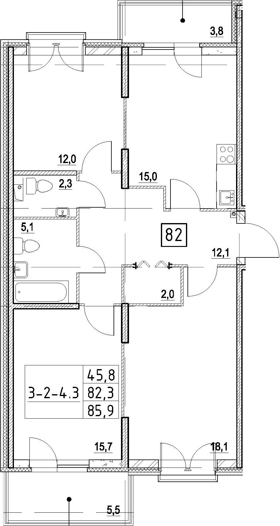 4-комнатная 91 м<sup>2</sup> на 2 этаже